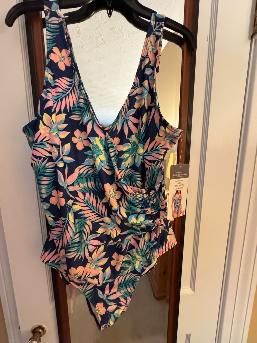 Navy Floral One-Piece Swim Suit with Pink & Green Leaves
